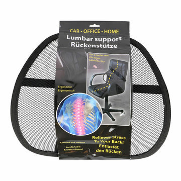 Schwarze Lendenwirbelstütze mit Netzdesign für Komfort und ergonomische Rückenunterstützung.