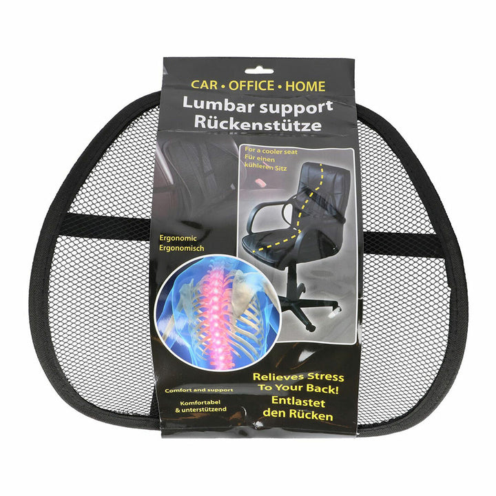 Schwarze Lendenwirbelstütze mit Netzdesign für Komfort und ergonomische Rückenunterstützung.