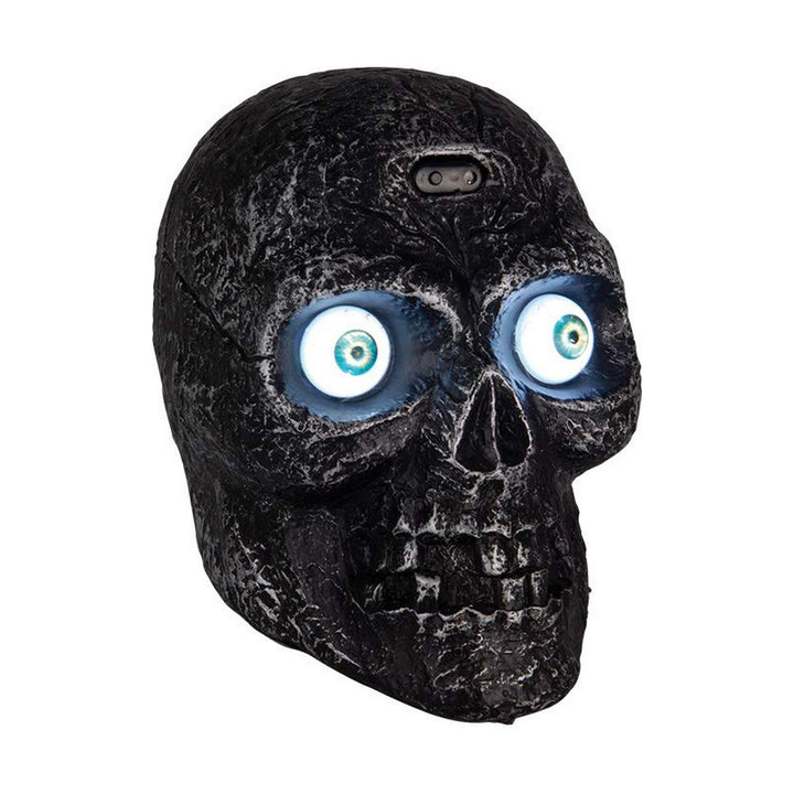 Schwarzer Halloween Totenkopf Deko mit leuchtenden Augen für gruselige Dekoration.