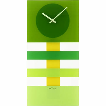 Grüne Nextime Wanduhr mit Streifenmuster und rundem Zifferblatt.