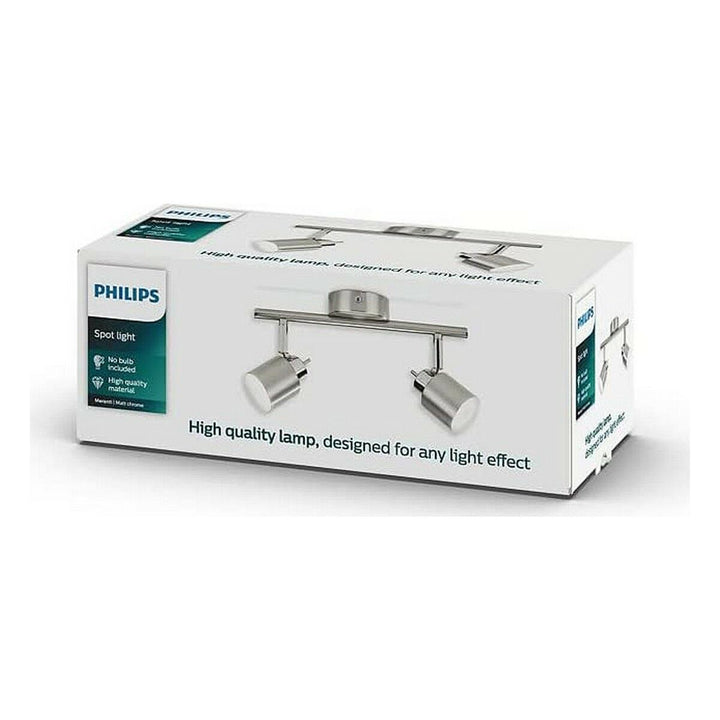 Philips Meranti Deckenlampe, silberfarbenes Metall, Spotlight Design auf der Verpackung.