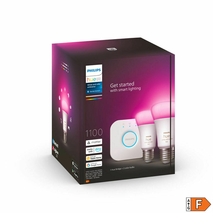 Philips Hue Kit mit E27 Glühbirnen und Bridge für smarte Beleuchtung.