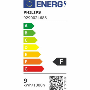 Energieetikett für Philips Smart Glühbirne. Energieeffizienzklasse F, 9 kWh/1000h.