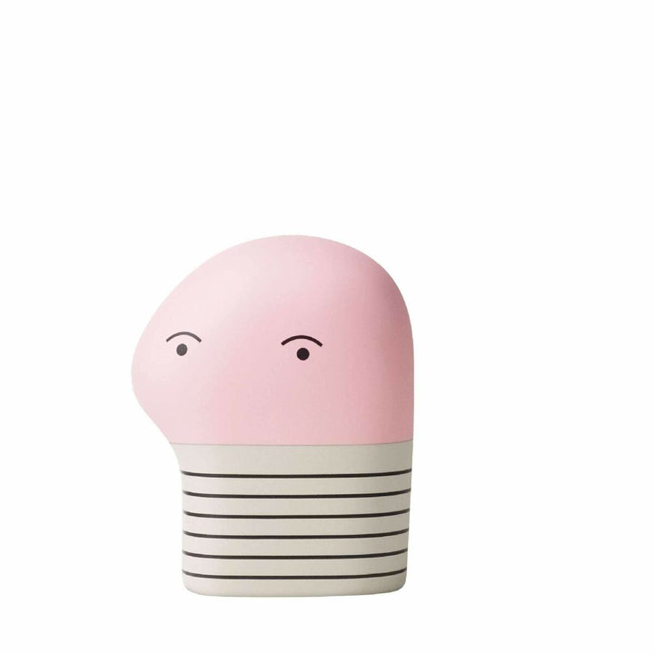 Rosa Deko-Figur mit minimalistischem Gesicht und gestreiftem Sockel. Restauriert A+.