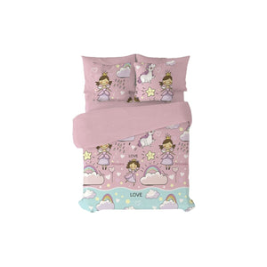 Rosa Bettbezug-Set mit Prinzessin, Einhorn und Regenbogen Design.