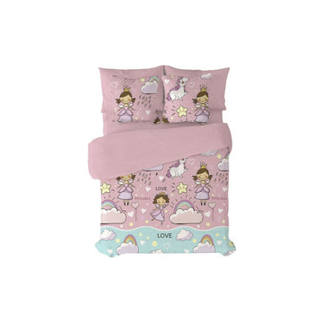 Rosa Bettbezug-Set mit Prinzessin, Einhorn und Regenbogen Design.