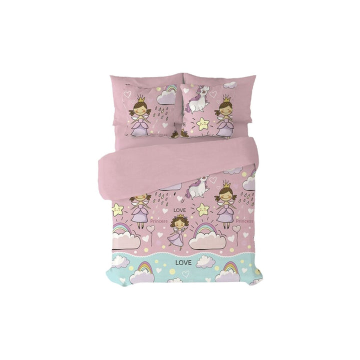 Rosa Bettbezug-Set mit Prinzessin, Einhorn und Regenbogen Design.
