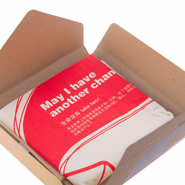 Rotes Kissen mit Aufschrift 'May I have another chan' in einer Kartonverpackung.