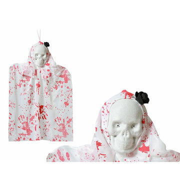 Hängendes Skelett mit Blutflecken und schwarzer Blume, ideal für Halloween Dekoration.