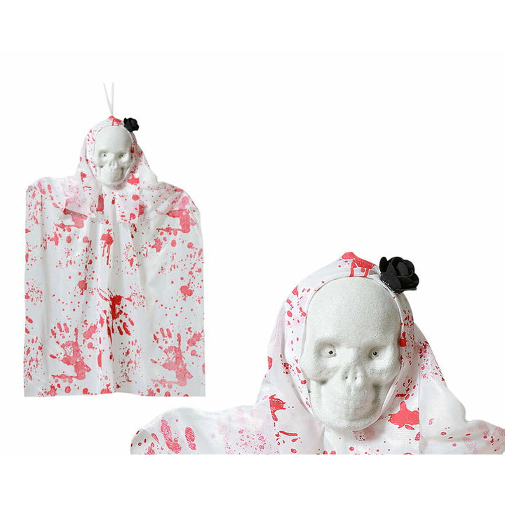 Hängendes Skelett mit Blutflecken und schwarzer Blume, ideal für Halloween Dekoration.