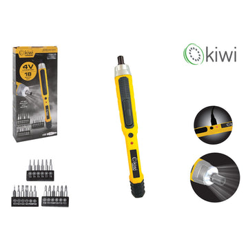 Gelber Kiwi elektrischer Schraubenzieher mit LED-Licht und verschiedenen Schraubaufsätzen.