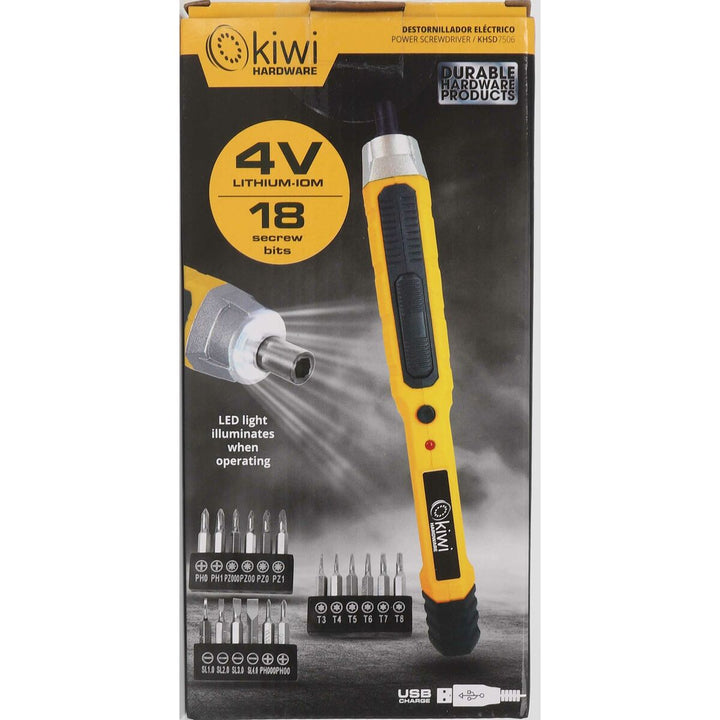 Kiwi Elektrischer Schraubenzieher mit 4V Lithium-Ionen-Akku, 18 Bits und LED-Licht.