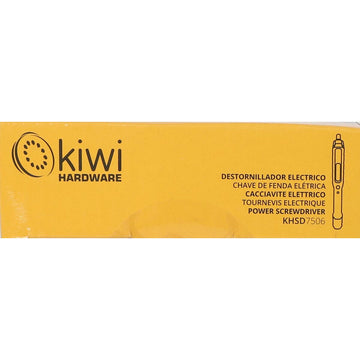 Gelbe Verpackung für Kiwi Elektrischer Schraubenzieher mit Schraubenzieher-Diagramm.