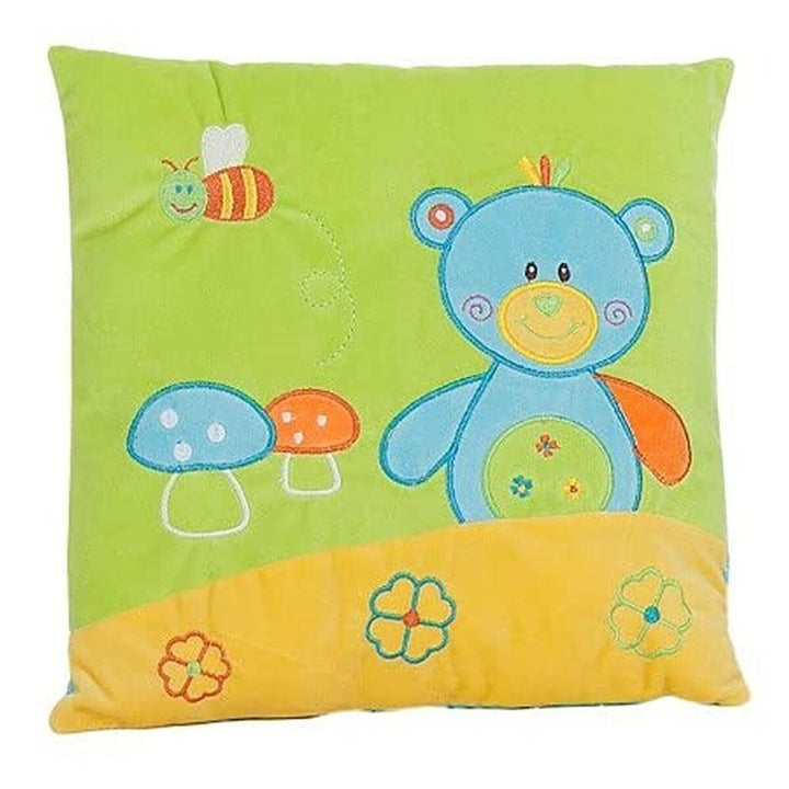 Grünes Bär Kissen für Kinder, mit Bär, Pilzen und Biene Applikationen, 30x30 cm.