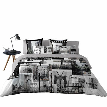 Bettdeckenbezug King Size mit New York Skyline Design. 3-teiliges Downtown Bettwäsche Set.