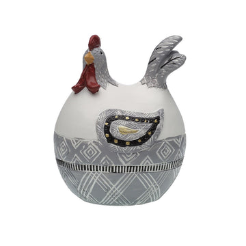 Deko-Figur Huhn mit geometrischen Mustern. Graue und weiße Farbtöne.