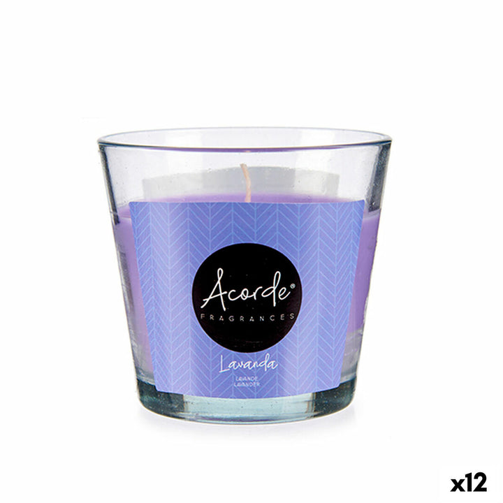 Lavendel Duftkerze im Glas mit Acorde Logo. Sanfter Lavendelduft.