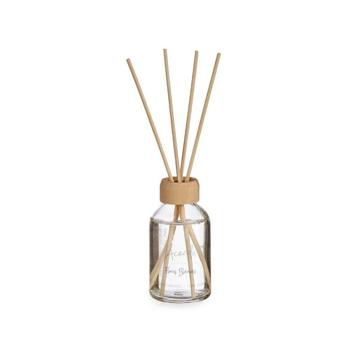Acorde White Flo Duftstäbe in Glasflasche mit Holzstäbchen für sanften Blumenduft.