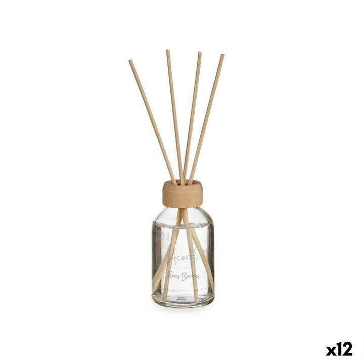 Acorde Duftstäbe Weiße Blüten in Glasflasche mit Holzaufsatz und helle Duftstäbchen.