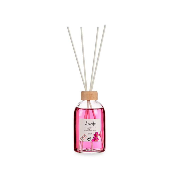 Parfümierte Stäbe Orchidee in Glasflasche mit Holzdeckel. Blumiger Duft für Zuhause.