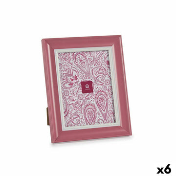 Rosa Fotorahmen aus Kunststoff mit weißem Rand und dekorativem Muster.