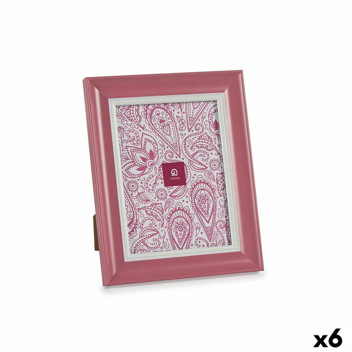 Rosa Fotorahmen aus Kunststoff mit weißem Rand und dekorativem Muster.