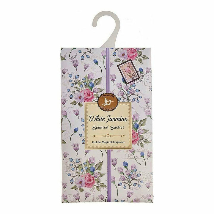 Jasmin Lufterfrischer für Schrank mit floralem Design. 'White Jasmine Scented Sachet' gedruckt.