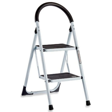 Klappbare Kipit Leiter KX1402 mit zwei Stufen, Metallrahmen in Weiß und Schwarz.