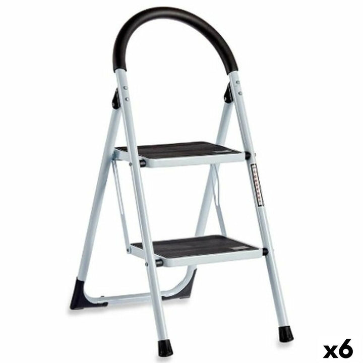Klappbare Kipit KX1402 Leiter in Grau mit zwei schwarzen Stufen und Griff. Praktische Metall Leiter.