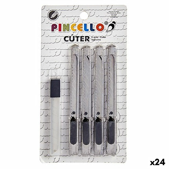 Silberfarbener Cutter Satz mit transparentem Kunststoff und Metallklingen im 24er-Pack.