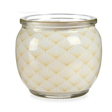 Duftkerze Vanille in Glas mit goldenem geometrischem Muster.