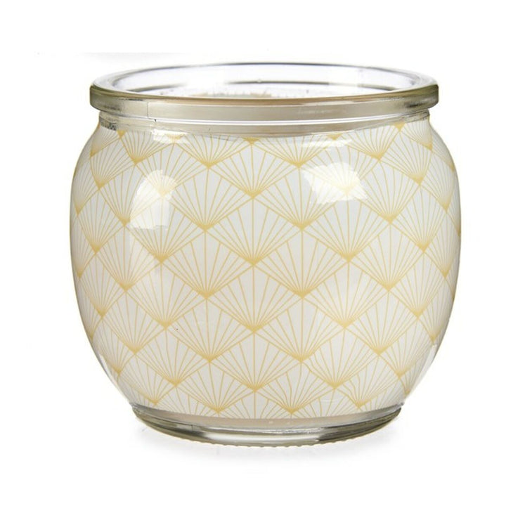 Duftkerze Vanille in Glas mit goldenem geometrischem Muster.