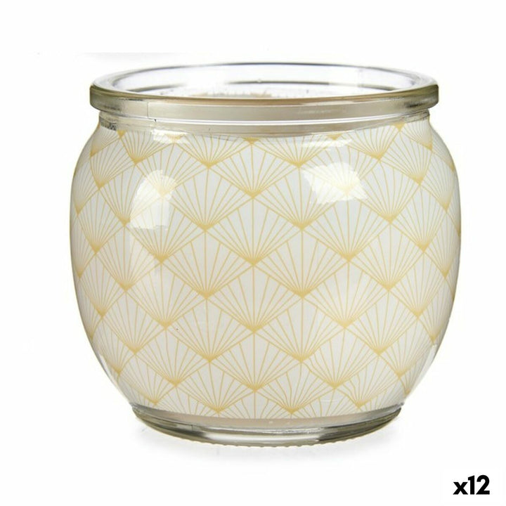 Duftkerze Vanille im Glas mit gelbem geometrischen Muster.