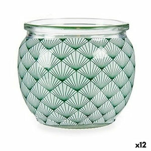Duftkerze Tanne in Glas mit grünem geometrischen Muster.