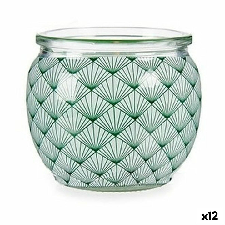 Duftkerze Tanne in Glas mit grünem geometrischen Muster.