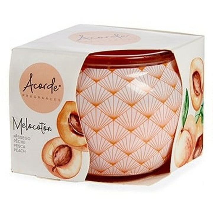 Pfirsich Duftkerze in Dose mit Muster. Kerze mit Pfirsich-Duft und dekorativem Muster.