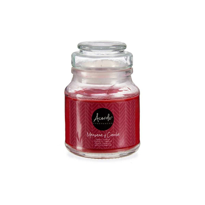 Rote Duftkerze Apfel Zimt im Glas von Acorde mit Muster.