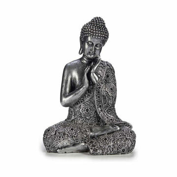 Silberfarbene Buddha Deko-Figur im Sitzend, detaillierte Verzierungen. Spirituelle Dekoration.