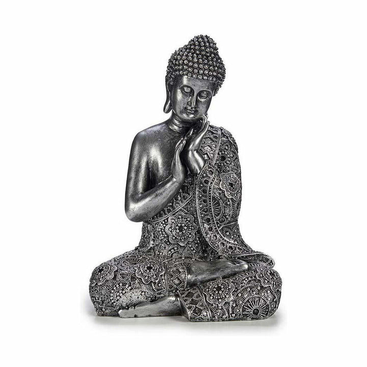 Silberfarbene Buddha Deko-Figur im Sitzend, detaillierte Verzierungen. Spirituelle Dekoration.