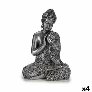 Silberfarbene Buddha Figur sitzend, detailreiche Robe. Deko-Figur für ein friedliches Ambiente.