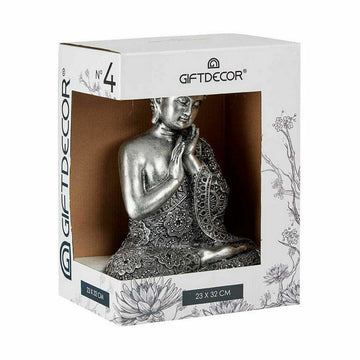 Silberfarbene Buddha Deko-Figur, sitzend in detailreicher Robe, in dekorativer Verpackung.