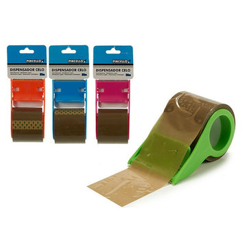 Braunes Klebeband mit grünem Abroller und drei farbigen Klebebandspendern.