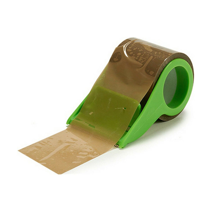Braune Klebebandrolle im grünen Spender. Praktisches Klebeband für Büro und Haushalt.