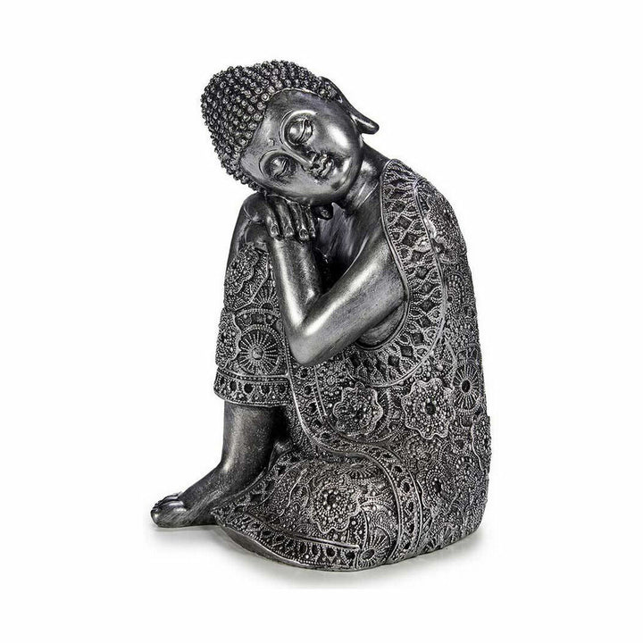 Silberfarbene Buddha Deko-Figur sitzend, mit detailreichen Verzierungen für eine friedliche Atmosphäre.