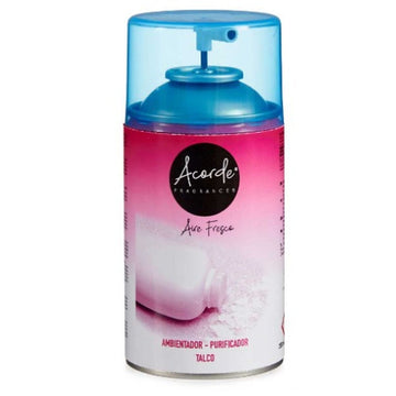 Acorde Lufterfrischer Nachfüllung mit Talkum-Puder Duft. Weiß-rosa Dose mit blauem Sprühkopf.