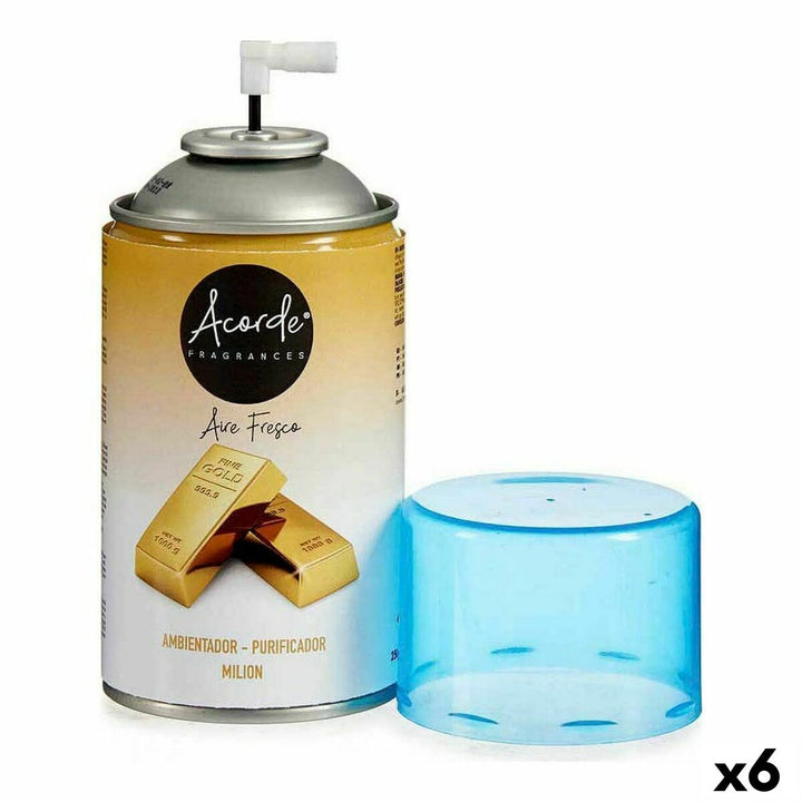 Goldener Acorde Lufterfrischer Milion mit blauer Kappe für einen frischen Duft.