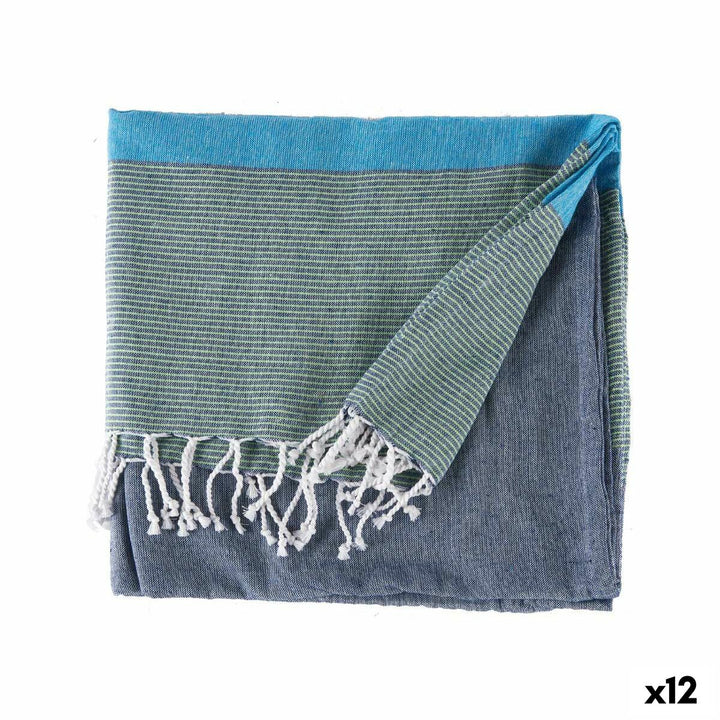 Blauer Mehrzweck-Überwurf mit Streifenmuster und Quasten. Vielseitiges Design.