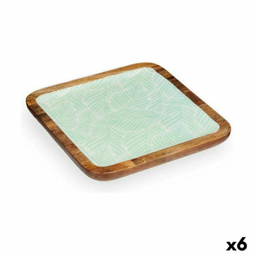 Quadratische Tischdekoration mit Pflanzenblattmuster und Holzrahmen.
