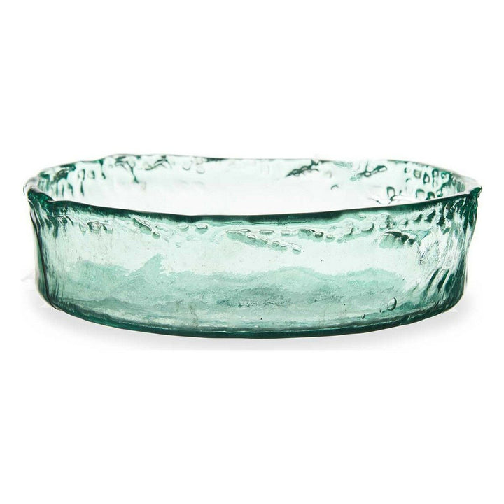 Transparente Tischdekoration: Runde Schale mit gewelltem Rand aus grünem Glas.