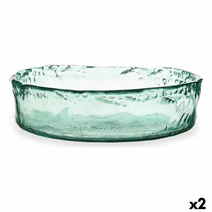 Helle blaue Tischdekoration aus Glas mit unregelmäßiger Oberfläche.
